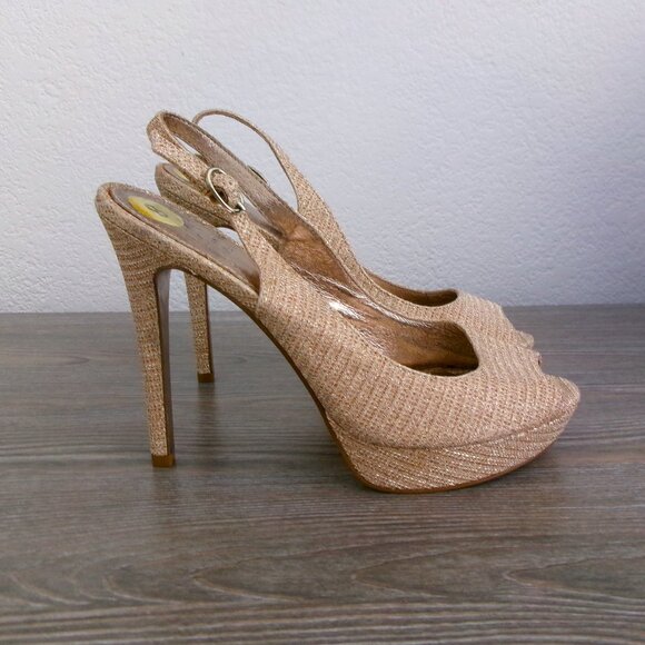 Adrianna Papell Shimmery Sparkly Gold Stiletto Heels Shoes Slingback Peep Toe 8 - Picture 5 of 16